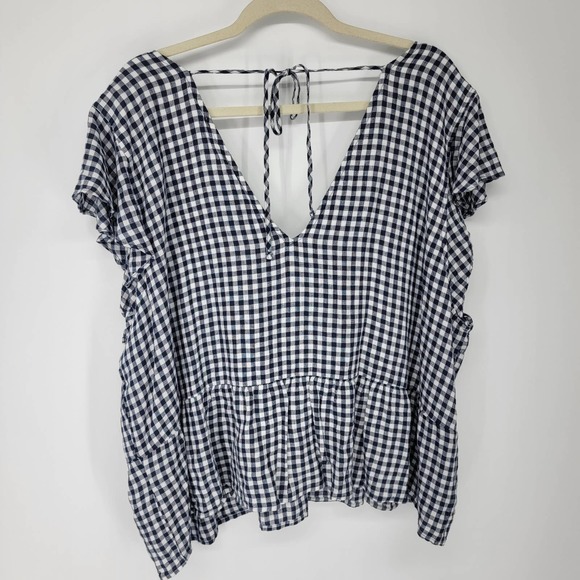 Abercrombie & Fitch Women's Size XXL Top V Neck Smocked Babydoll Peplum Check - Picture 3 of 10